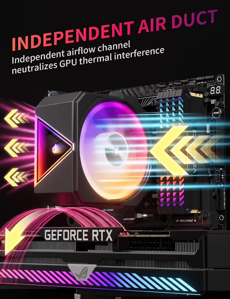 upHere up1 Elite CPU Cooler - 4 Heat Pipes, Infinity ARGB Mirror Top, Quick-Release Fans, Intel LGA1851/1700 & AMD AM5/AM4 Support, Independent Air Duct, 1650RPM 68CFM Fan, Black, up1 Elite KC4C - Image 3